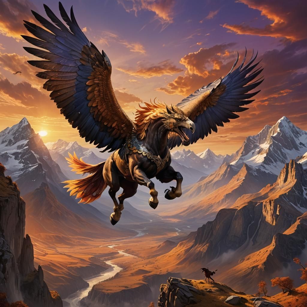 Majestic Hippogriff Flies Over Mountainous Landscape