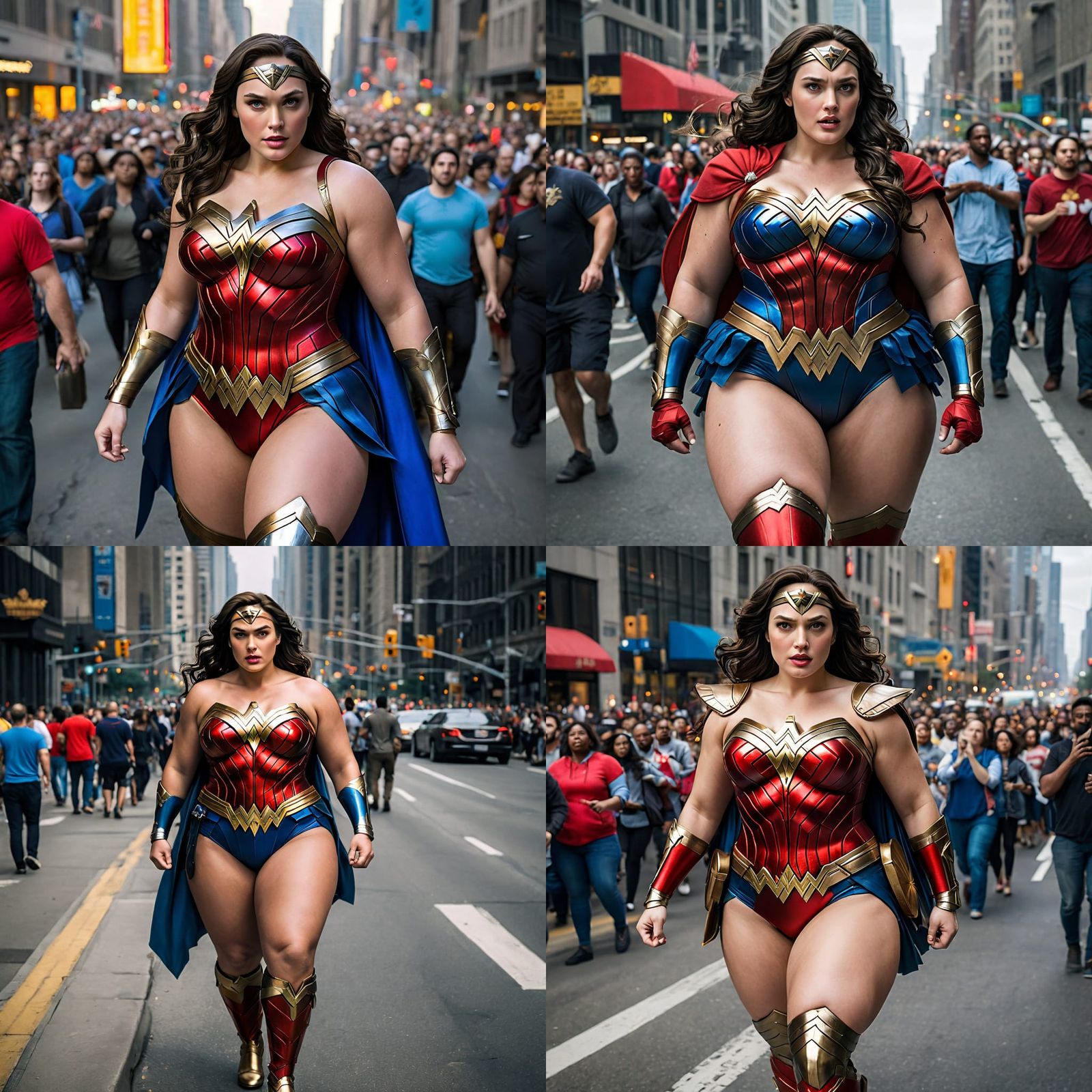 Plus-Size Wonder Woman on a Busy City Street
