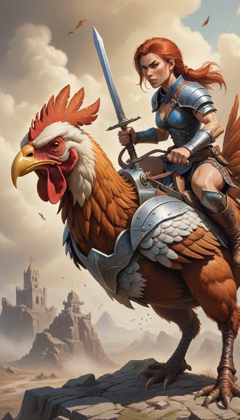 Muscular Warrior Woman Rides Battle Chicken