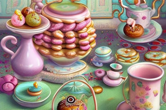 Colorful Donuts and Tea in Shabby Chic Oil Painting