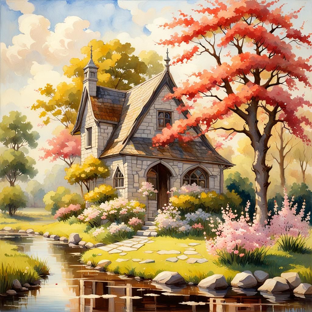 Victorian Cottage in Cherry Blossom Garden Watercolor