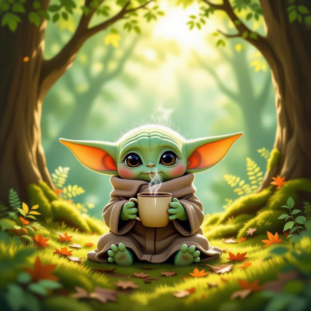 Grogu Enjoys Coffee in Enchanting Forest