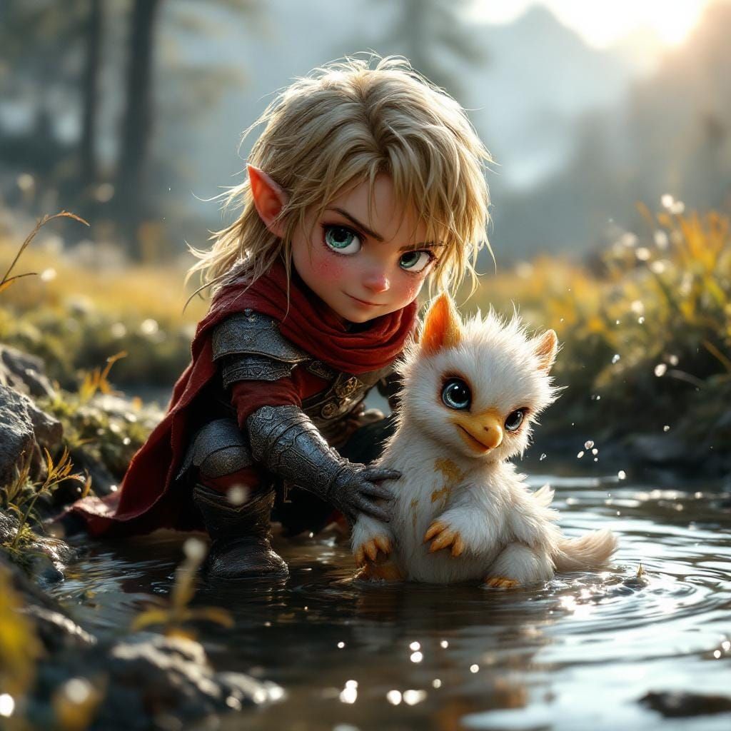 Elf Cleans Griffin in Alpine Meadow