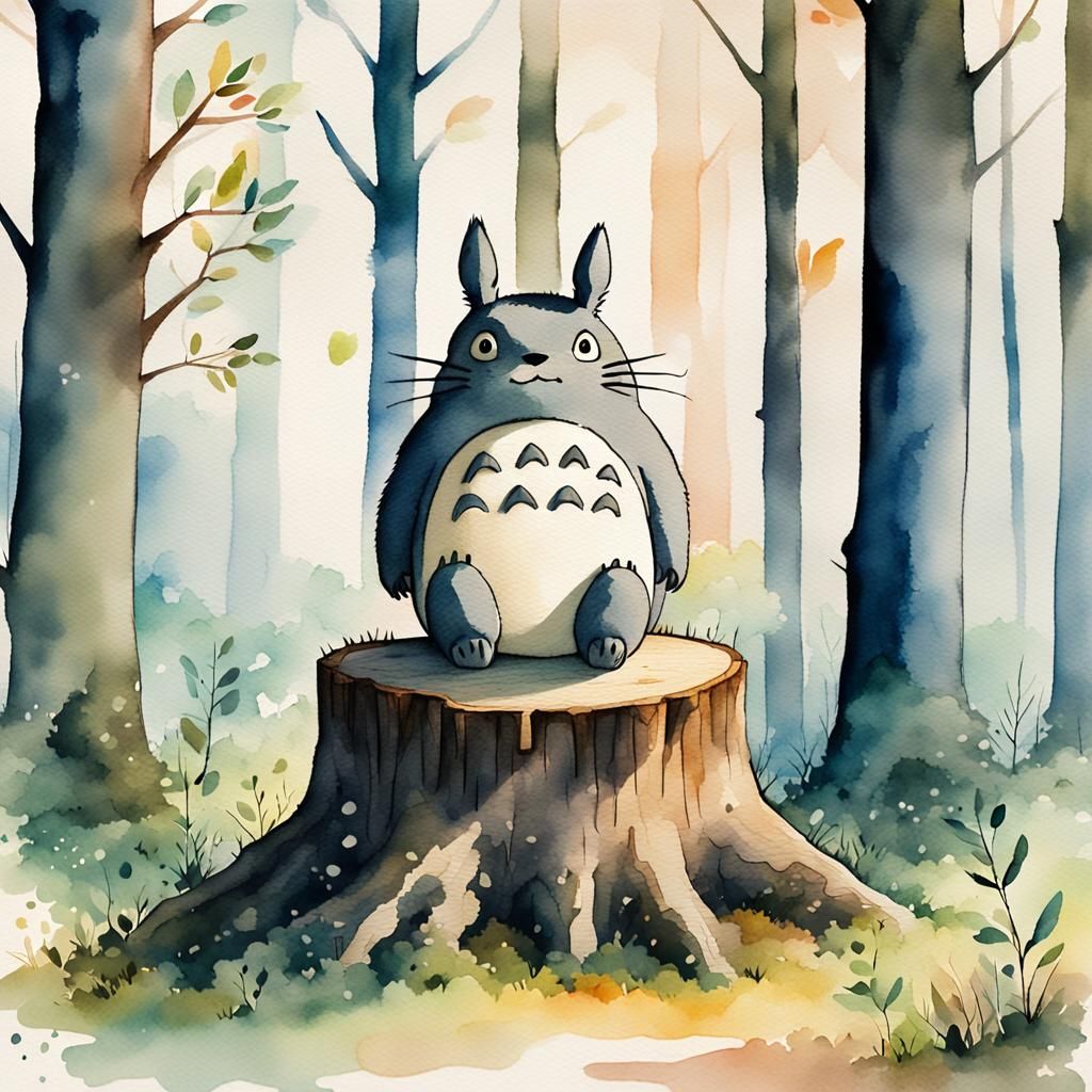 Totoro in Forest Clearing: Whimsical Watercolor Art