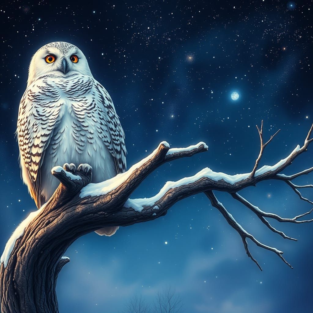 Snowy Owls Perched on Twisted Tree under Starry Night Sky