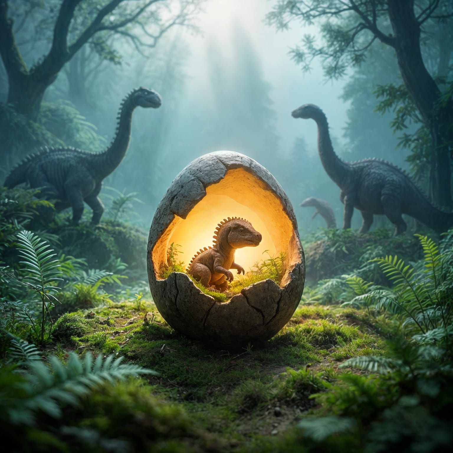 Prehistoric Dawn: Dinosaur Egg in Misty Landscape