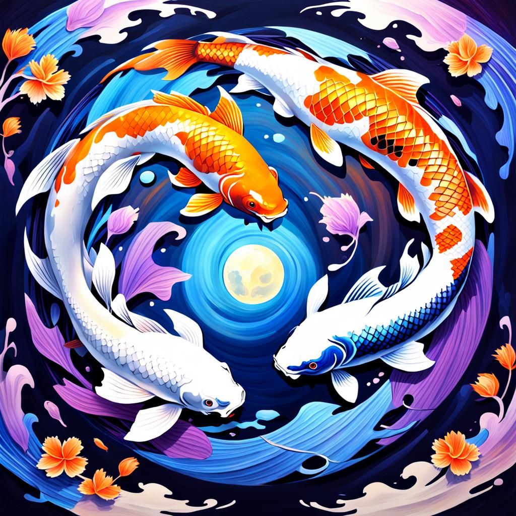 Yin and Yang Koi Fish in Surreal Oil Painting