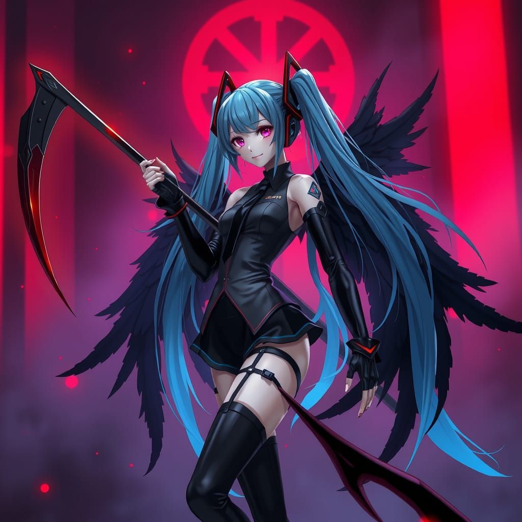 Miku as the Dark Angel of Death in Futuristic Gothic Style
