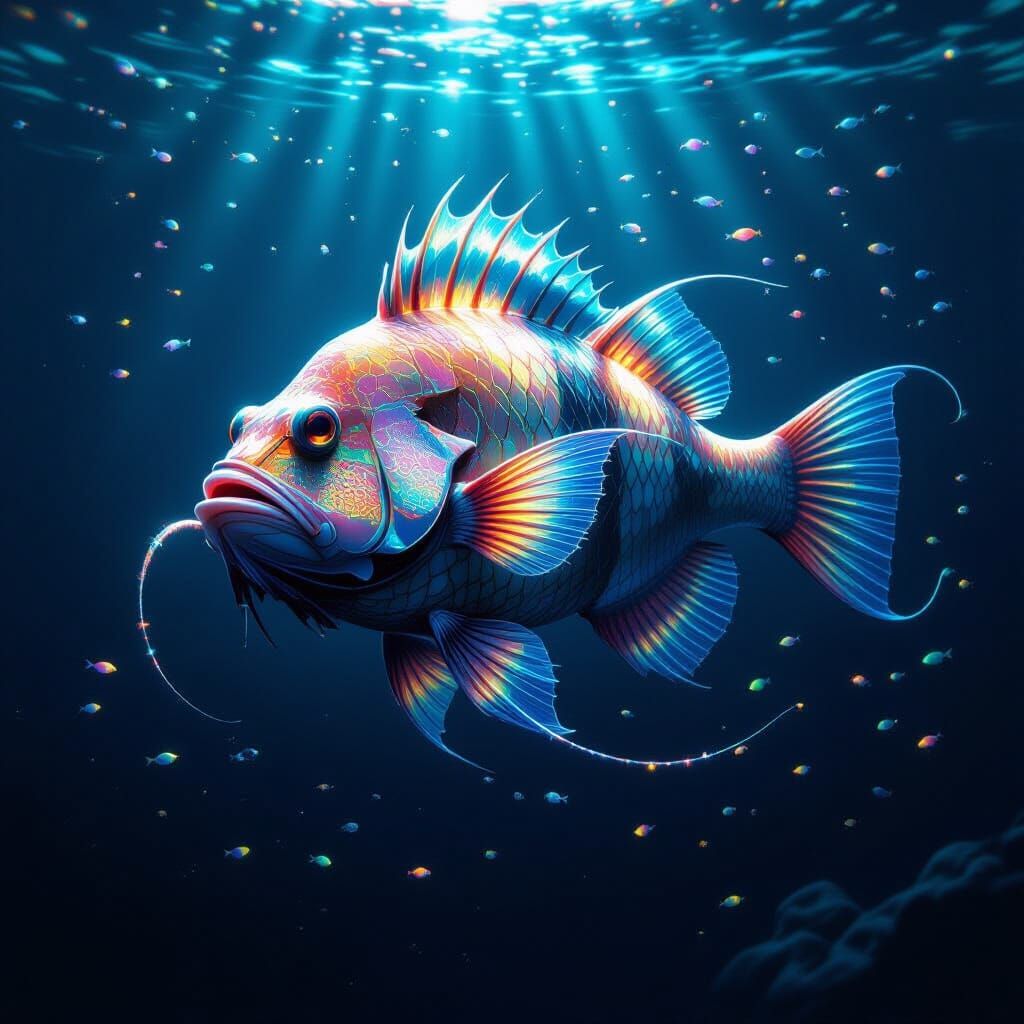 Bioluminescent Anglerfish in Alien Ocean, Hyperrealistic Sty...