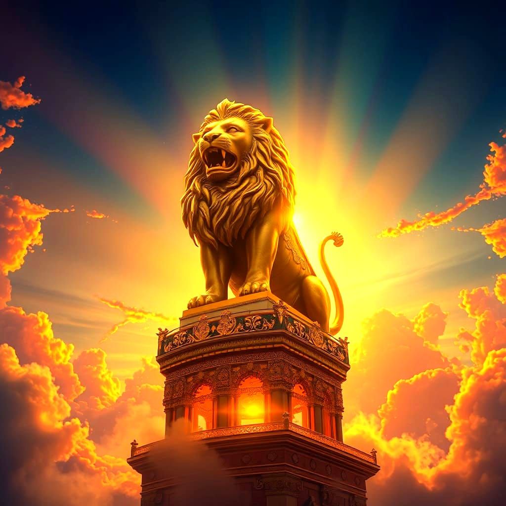 Golden Lion Animation on Tower at Sunrise