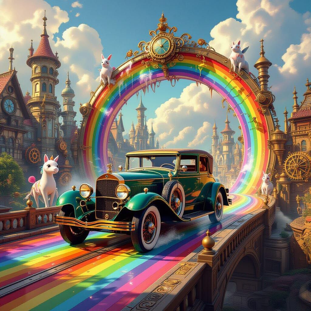 Vintage Car on Rainbow Bridge in Steampunk Style