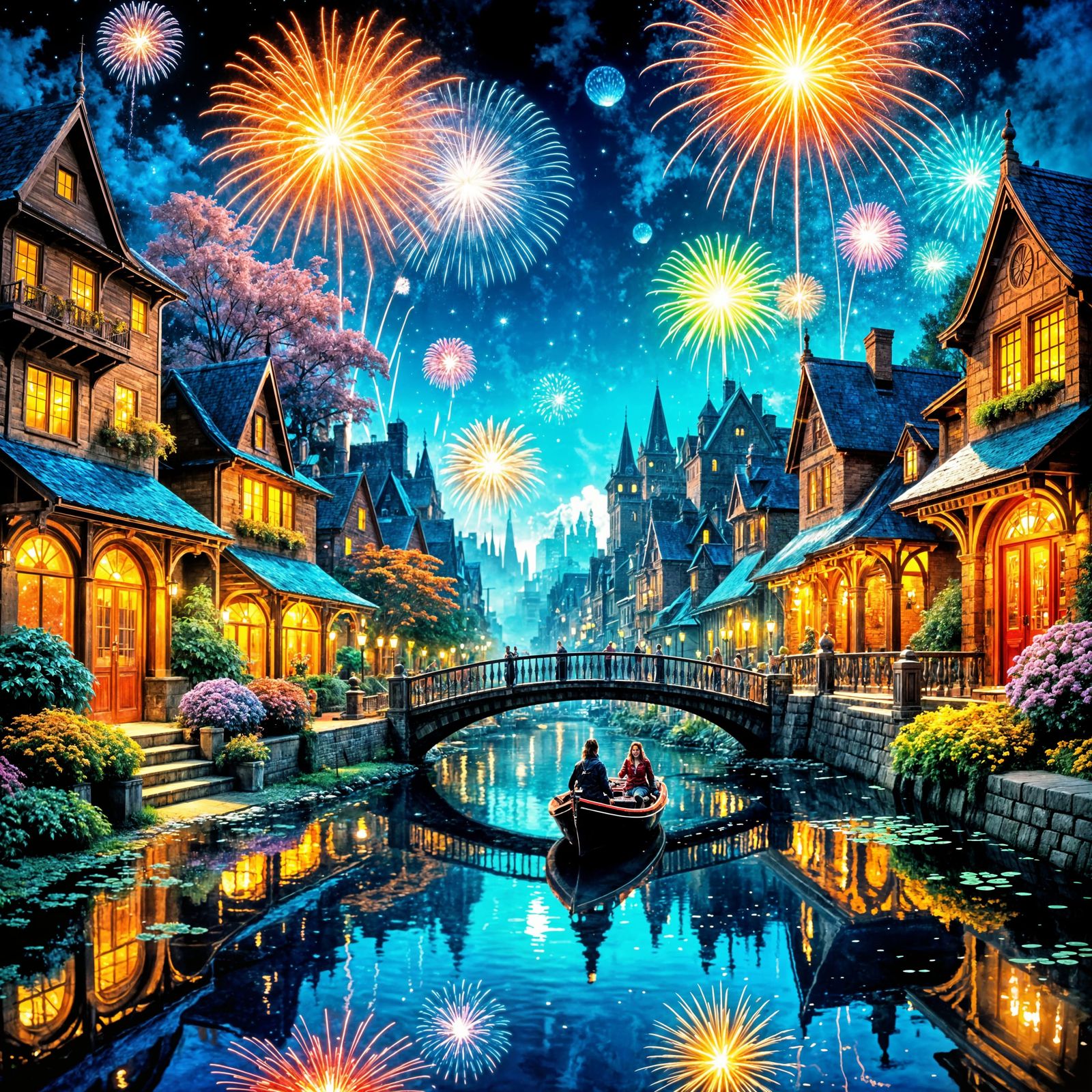 Vibrant Fireworks Illuminate Riverfront Bridge