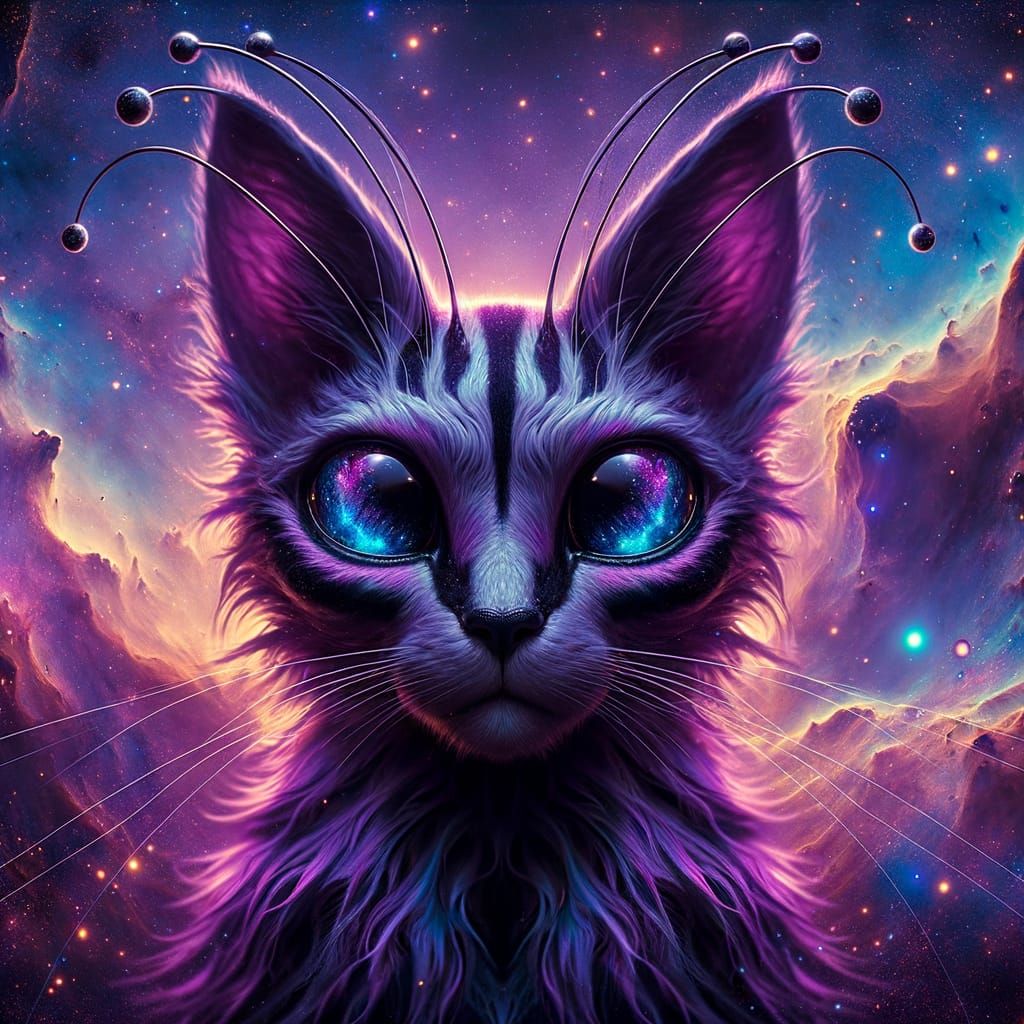 Cosmic Feline with Prismatic Eyes in Nebula