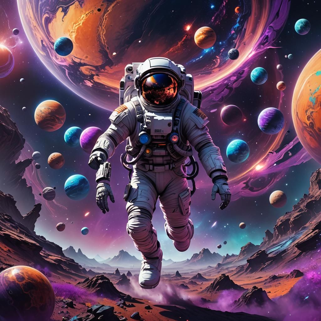 Astronaut Floating Near Colorful Planets in Space