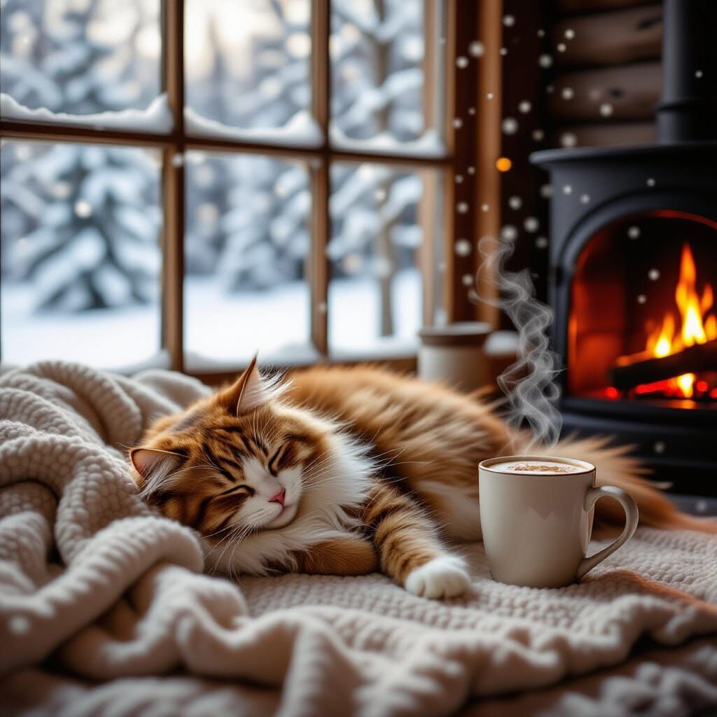 Cozy Winter Cabin Cat Nap by Fireplace