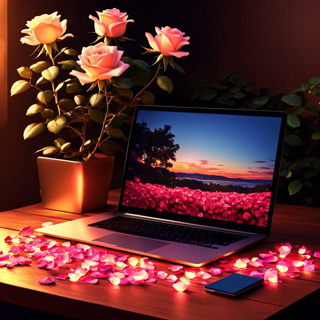 Pixel Art Rose Bush and Laptop on Table