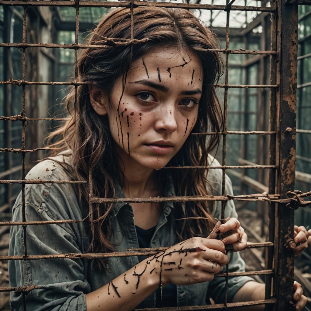 Young Woman in Weathered Cage: Cinematic Film Still