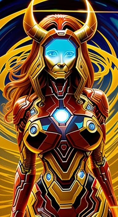 Iron Lady Minotaur in Surrealist Labyrinth Landscape