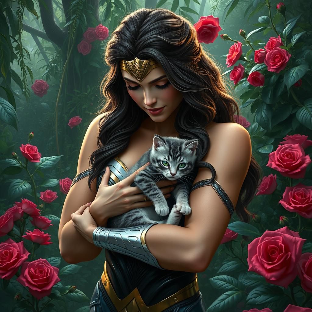 Wonder Woman with Kitten in Fantasy Rainforest