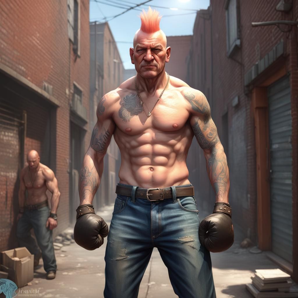 Shirtless Skinheads Boxing: Hyperdetailed Concept Art