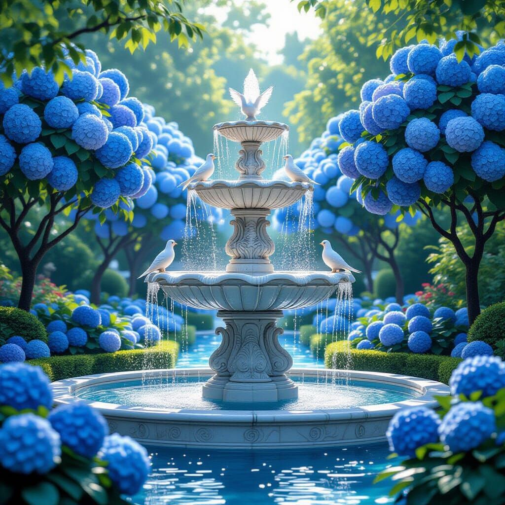 Elaborate Marble Fountain in Blue Hydrangea Garden