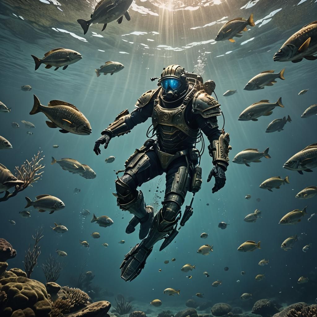 Underwater Armored Figure in Epic Scene