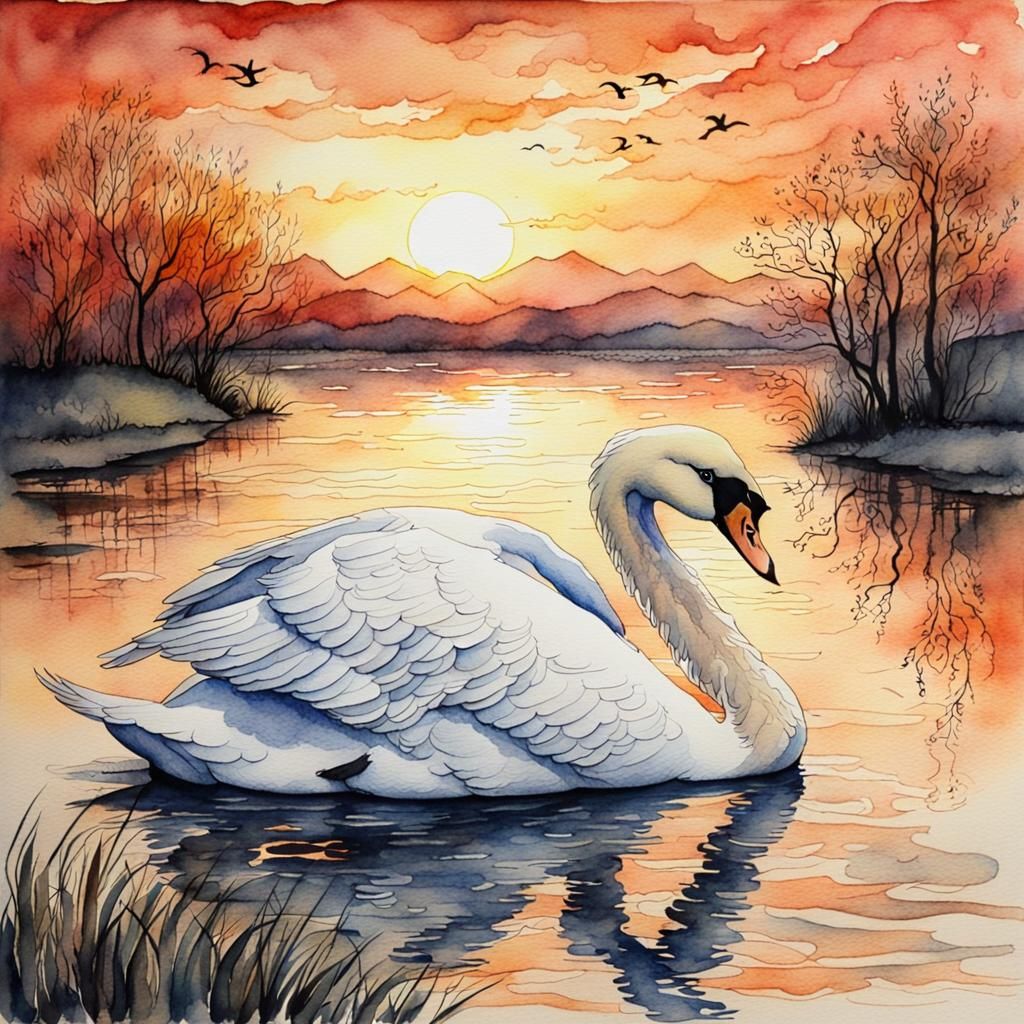 Ethereal Swan in Sunset Watercolour