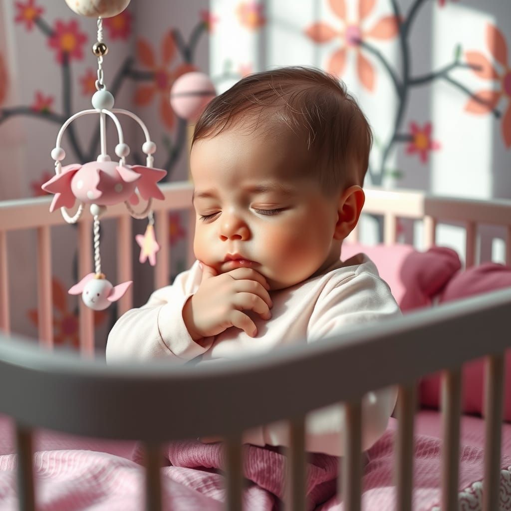 Baby Asleep in Crib with Soft Lighting and Pastel Decor