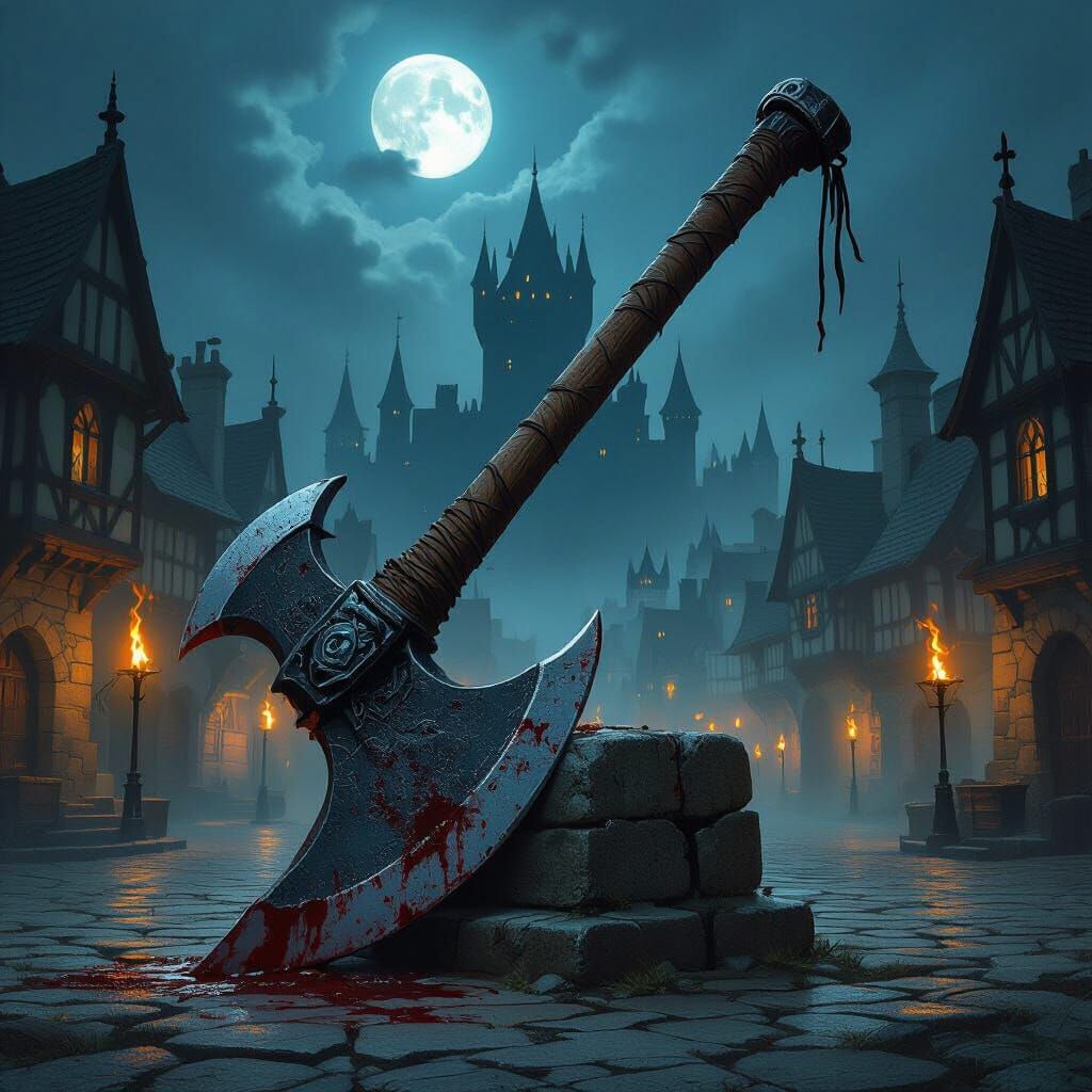 Massive Battle-Worn Axe on Stone Block in Gothic Town