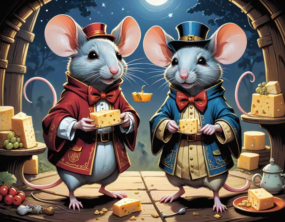 Mice in Whimsical Outfits Prepare for a Grand Cheese Feast