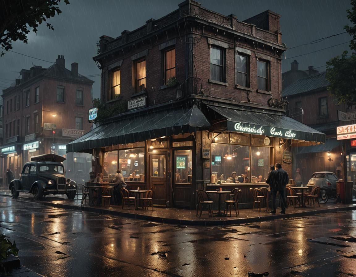 Rainy Night at Dilapidated Roadside Cafe
