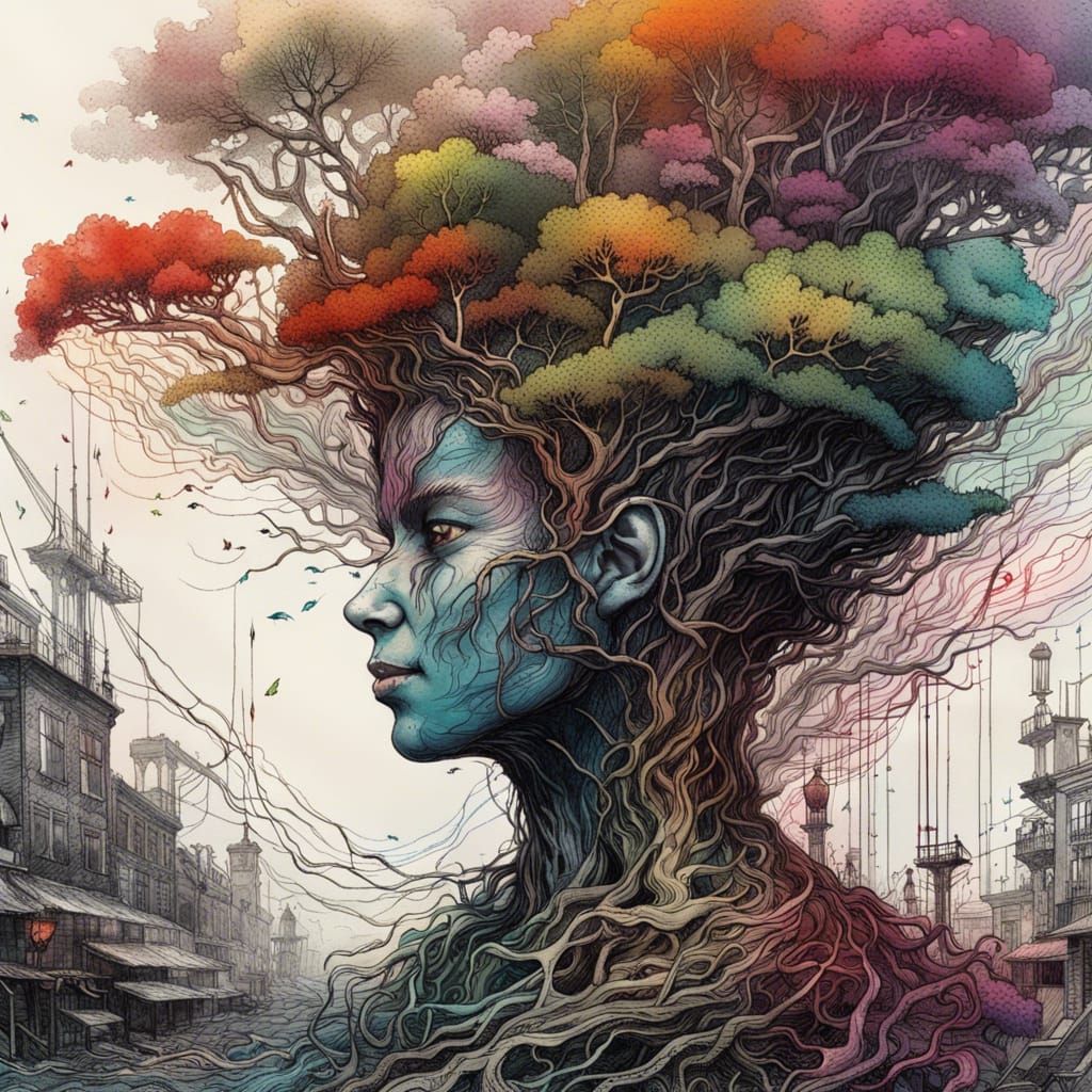 Intricate Tree with Electronic Fields in Trippy Colors