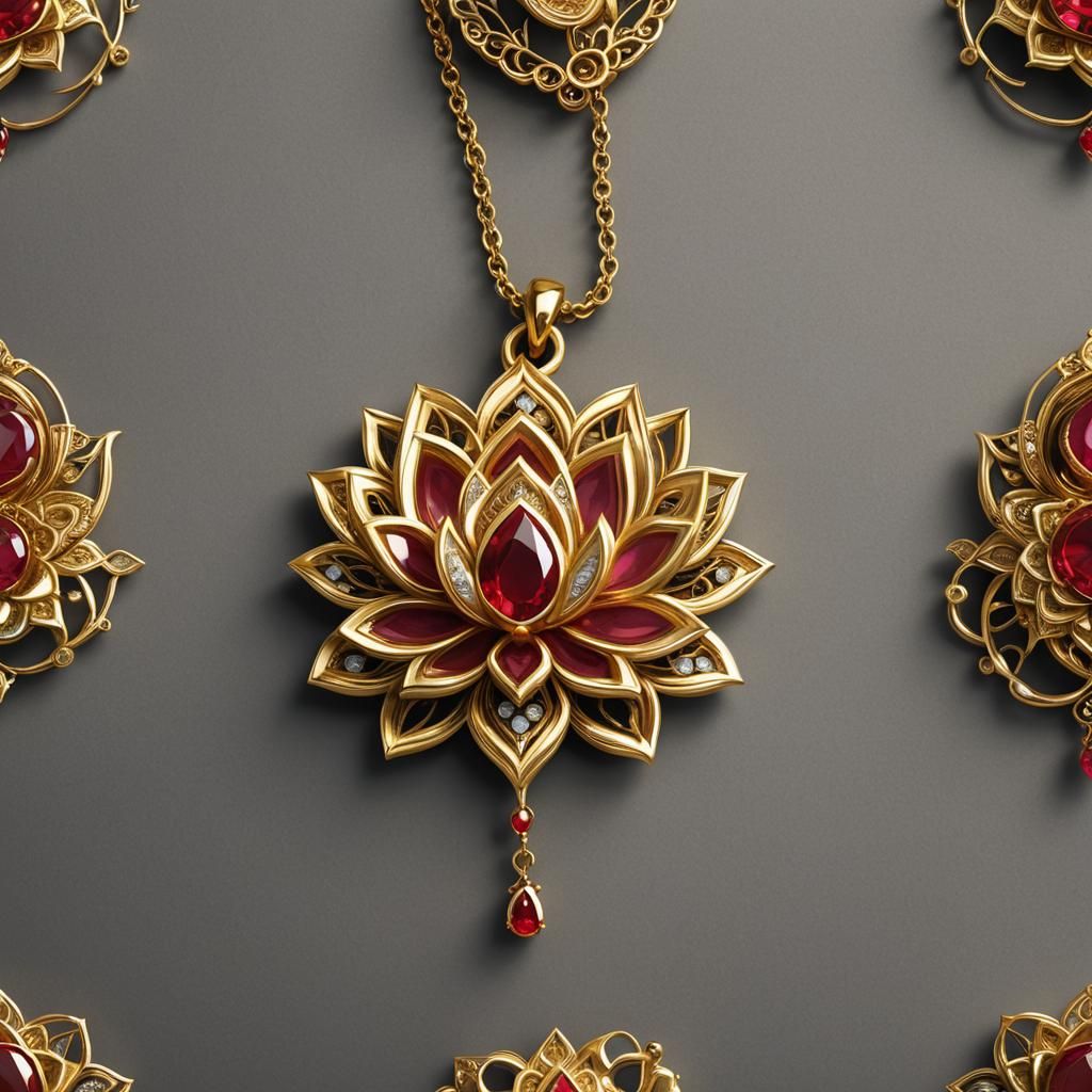 Gold and Ruby Lotus Pendant in Detailed Matte Style