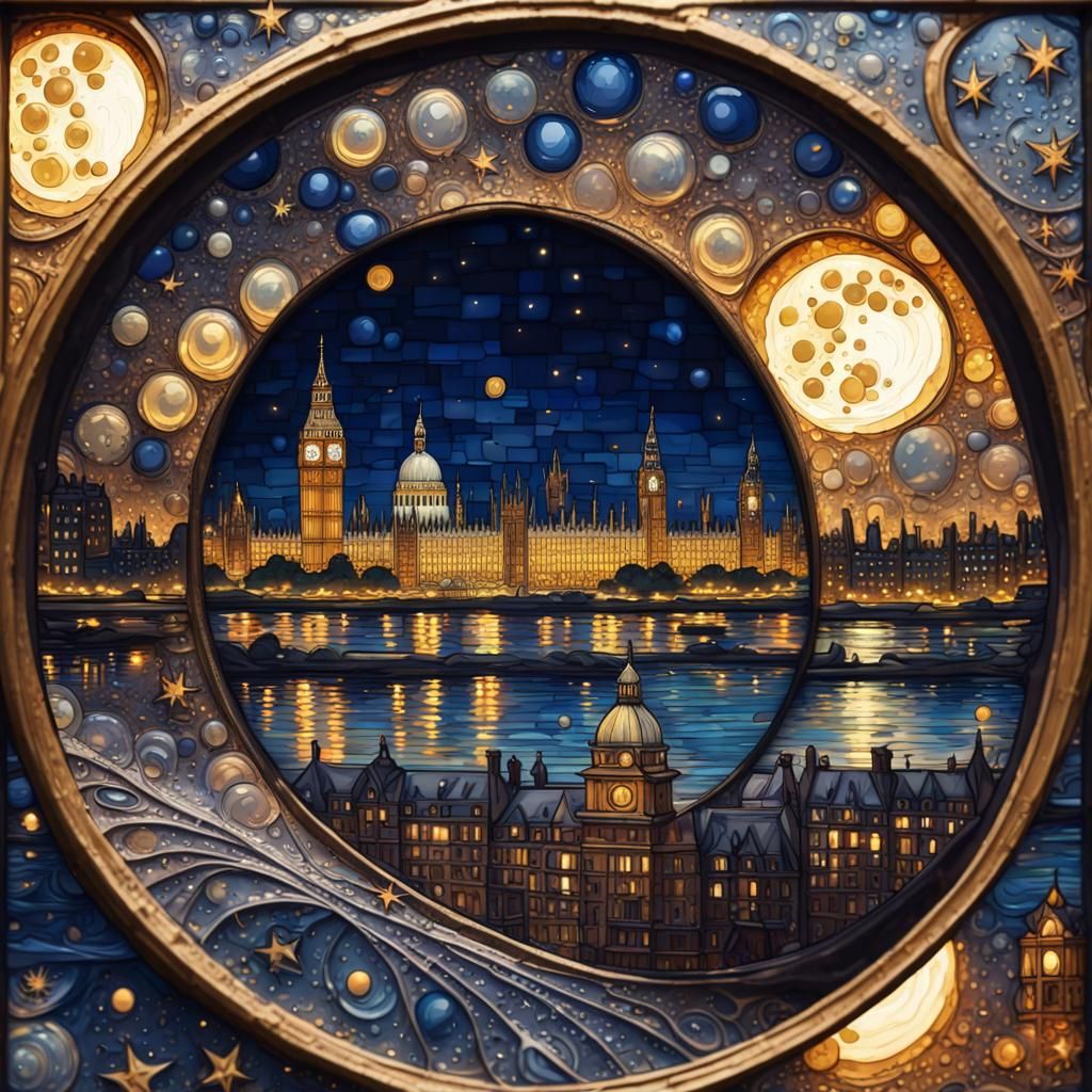 London Cityscape Through Telescope Lens in Art Nouveau
