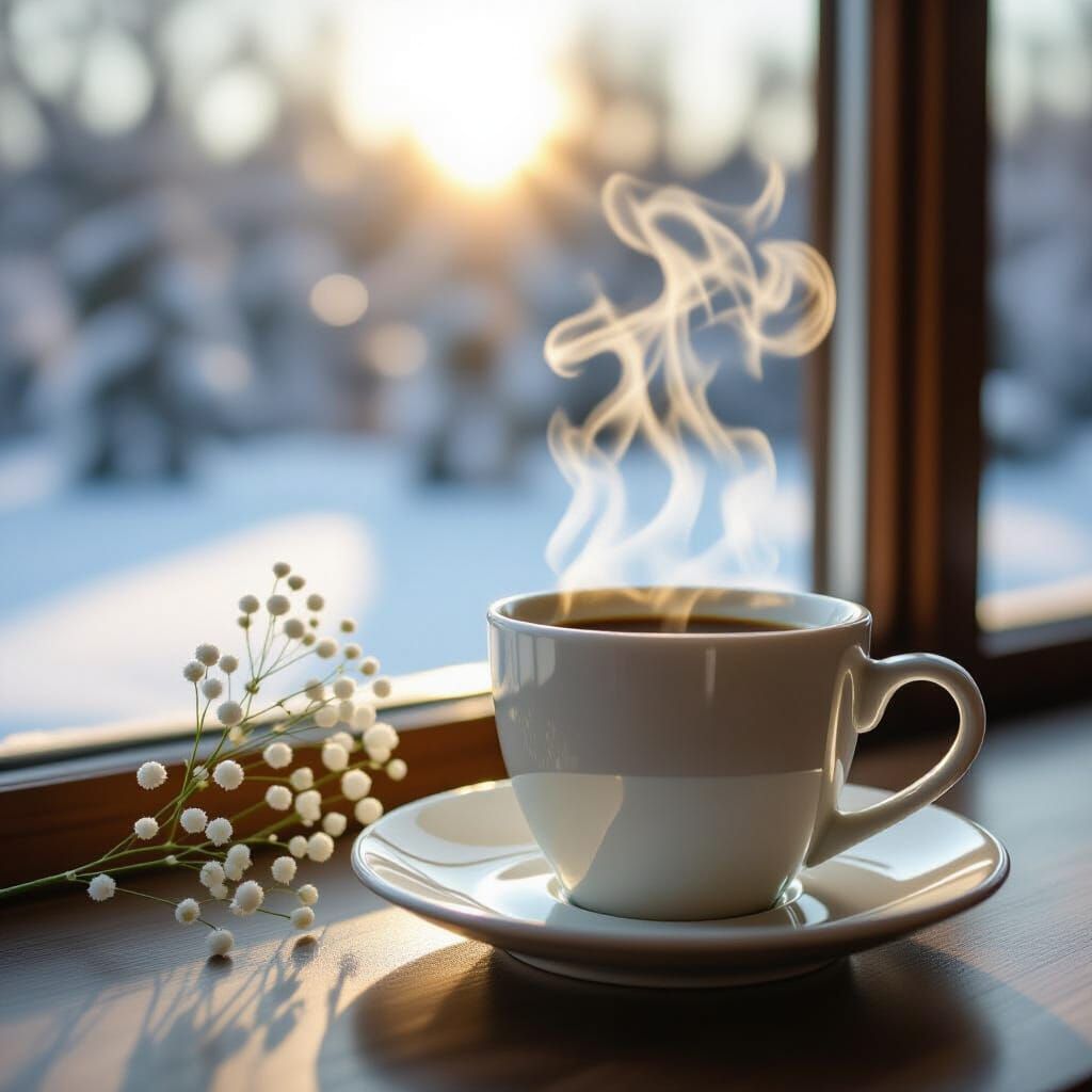Steaming Coffee Cup with Baby's Breath in Winter Light