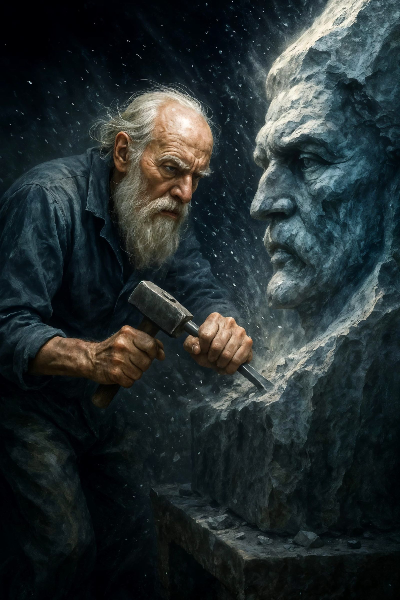 Sculptor Carving Stone Face in Hyperrealistic Digital Art