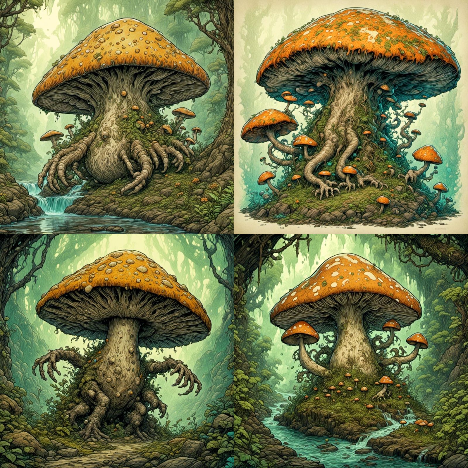 Mushroom Monster Emerges from Cavern in Fantasy Illustration