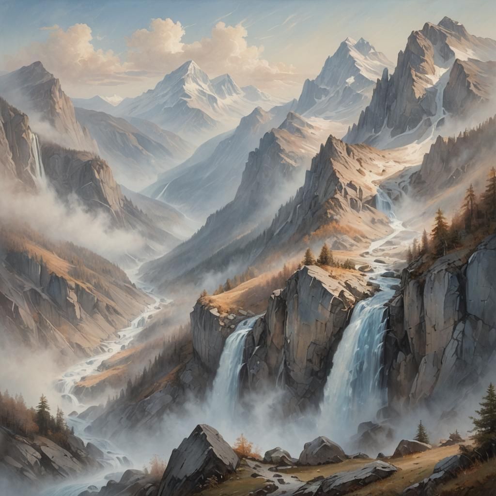 Serene Mountain Landscape in Watercolor Style