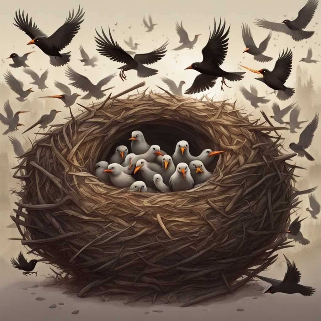 Scared Birds in Nest During World War