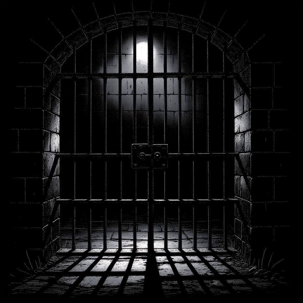 Ominous Prison Bars in Dark Etching Style