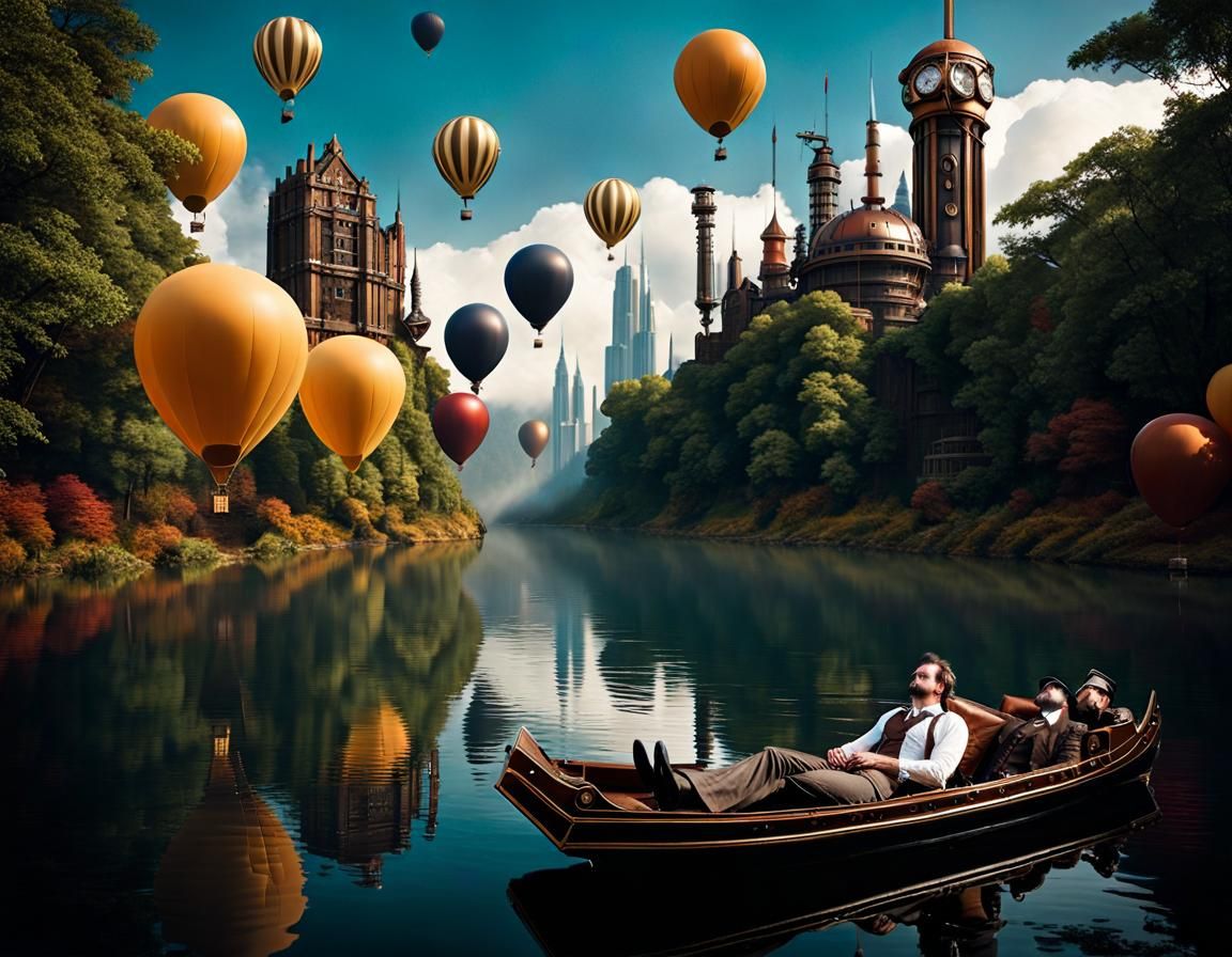 Peaceful Steampunk River Scene: Ethereal Illustration