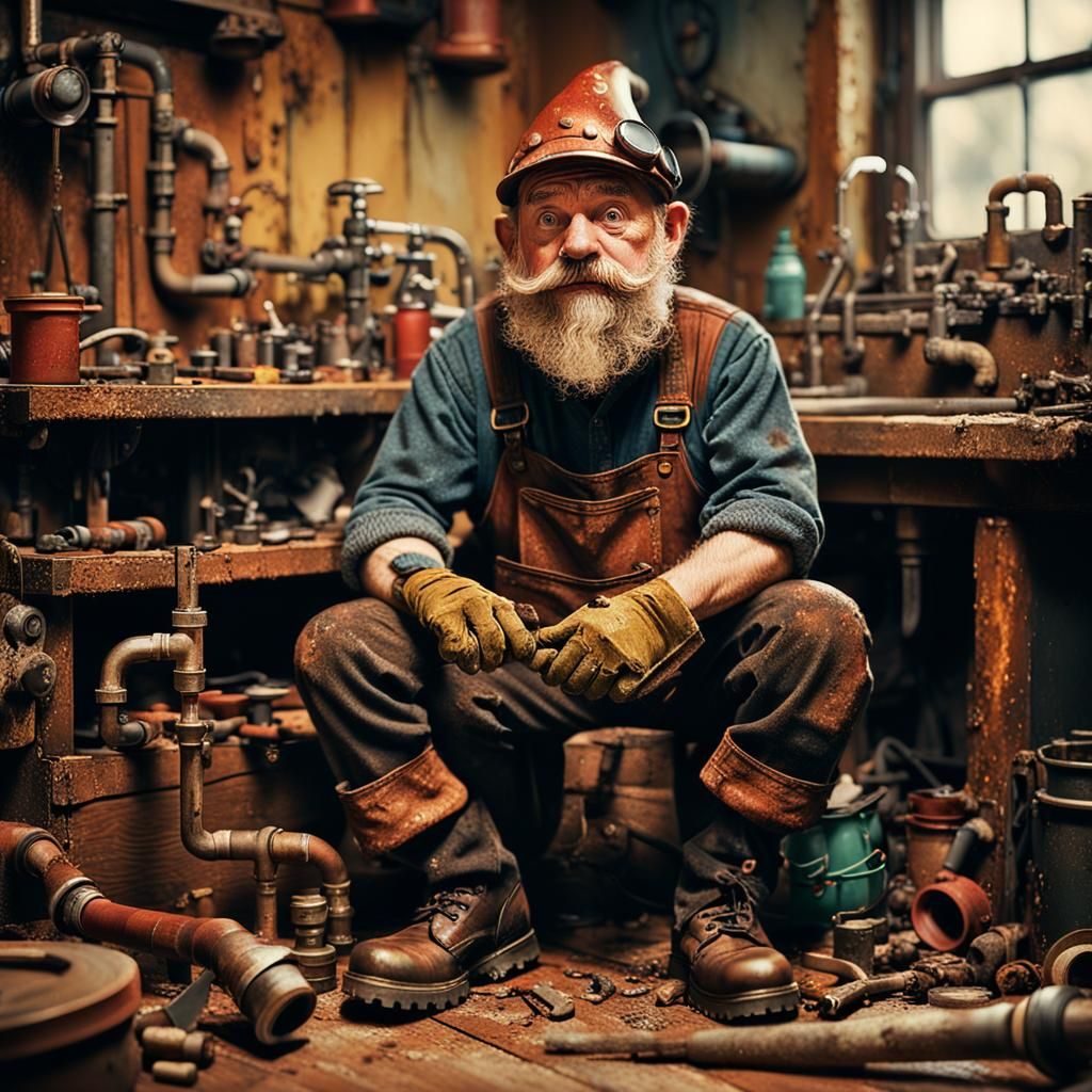 Gnome Plumber in Messy Room: Cinematic Film Still