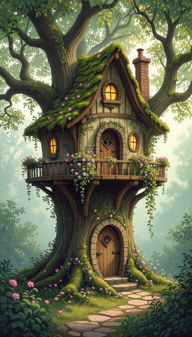 Whimsical Treehouse in Ancient Forest: Painterly Illustratio...