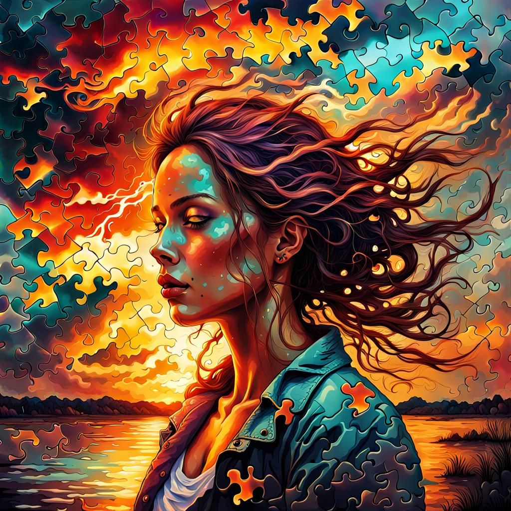 Colorful Puzzle Portrait in Psychedelic Splash Art