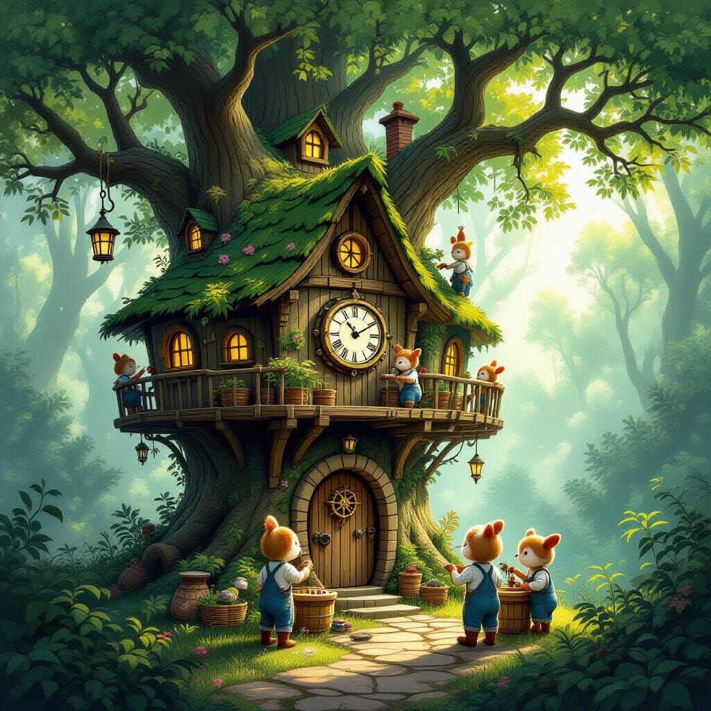 Overgrown Treehouse Village With Clockwork Creatures