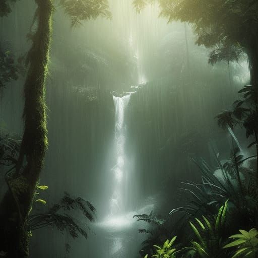 Sinister Rainforest Waterfall in Detailed Style
