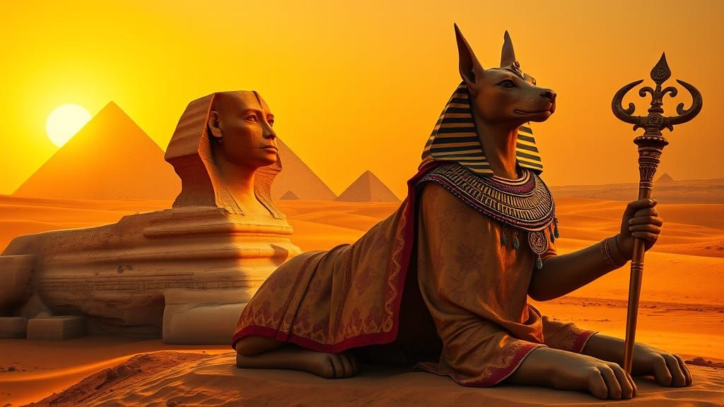 Ancient Egyptian Sphinx in Golden Desert Sunset