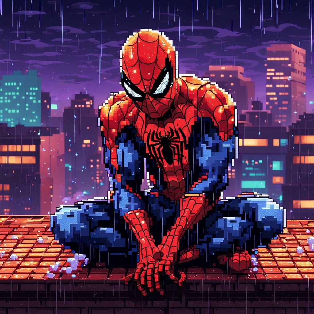 Spider-man sitting on a roof top, raining, pixel art