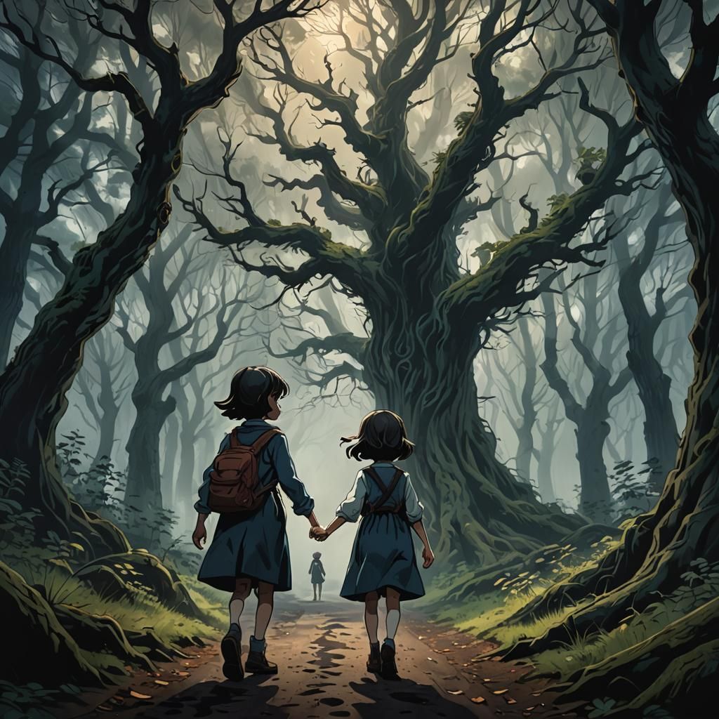 Children Brave Dark Forest Path in Anime Style