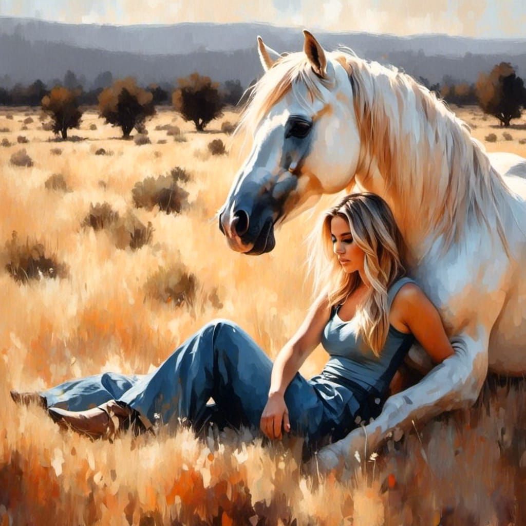 Cowgirl and Horse Resting, Oil Painting